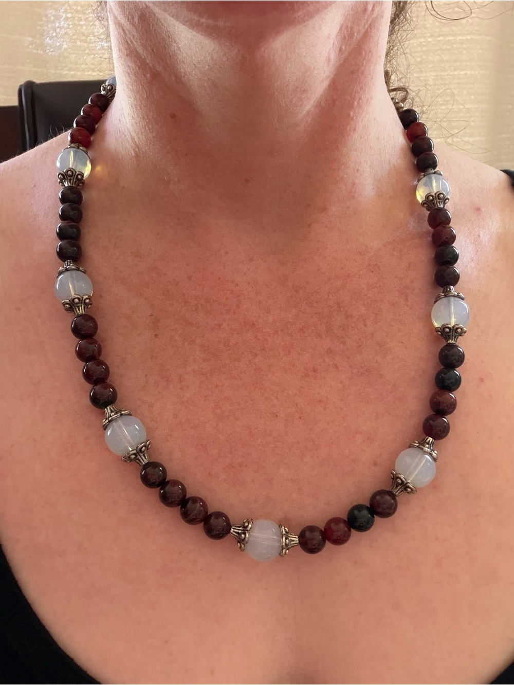 Opalescent and Garnet Bead Necklace - Handmade Gemstone
